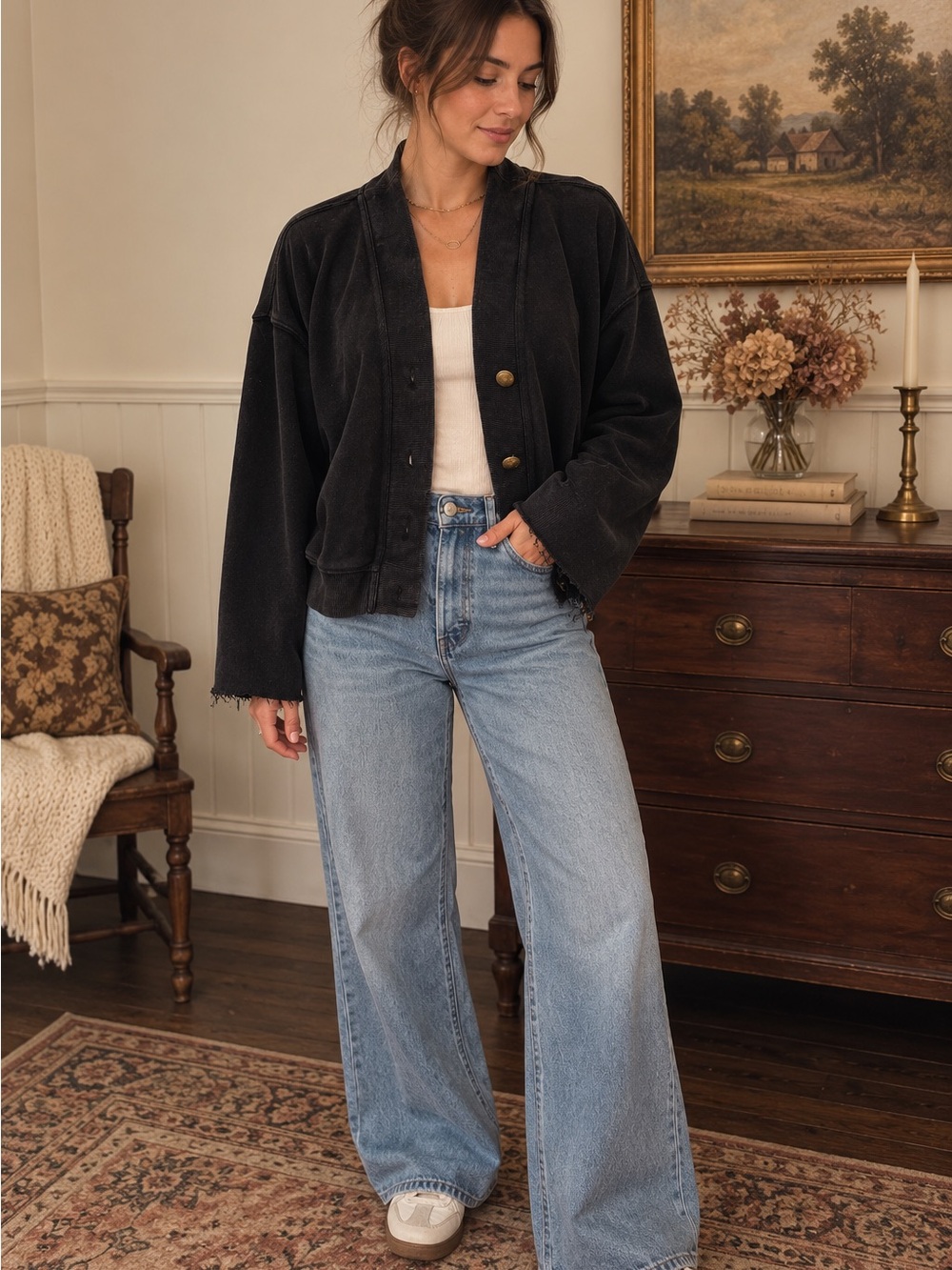 Free People Black Boxy Button-Front Cardigan